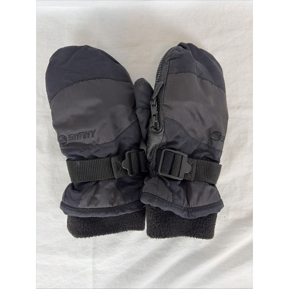 SWANY Tri Plex Winter Ski Snowboard Black Leather Mittens Youth Size L - 9/10